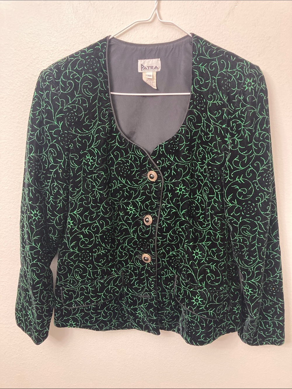 Patra Black Velvet Jacket with Green Scroll Embroidery